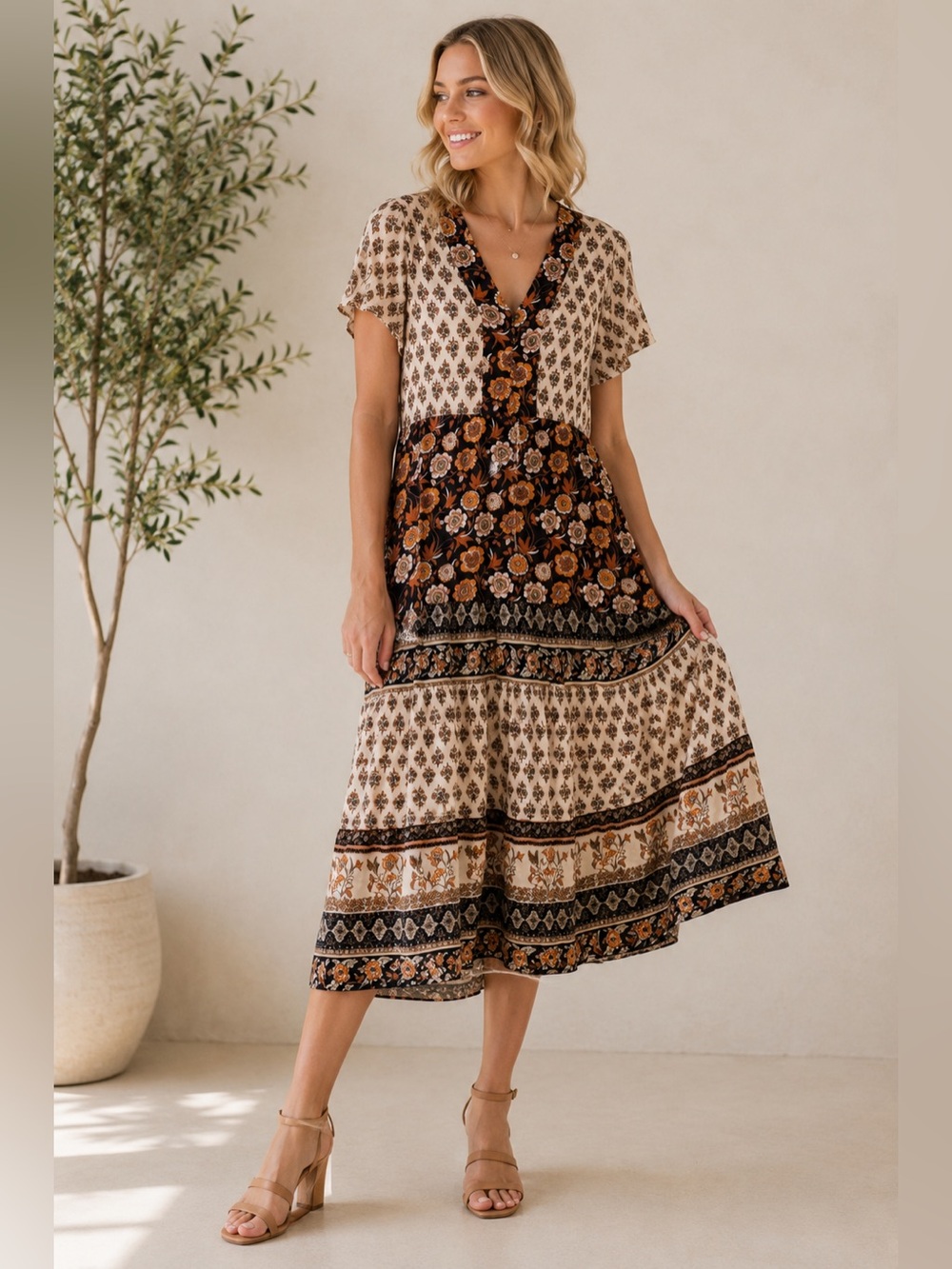 Böhme Mixed Print Boho Midi Dress | Size Medium | EUC